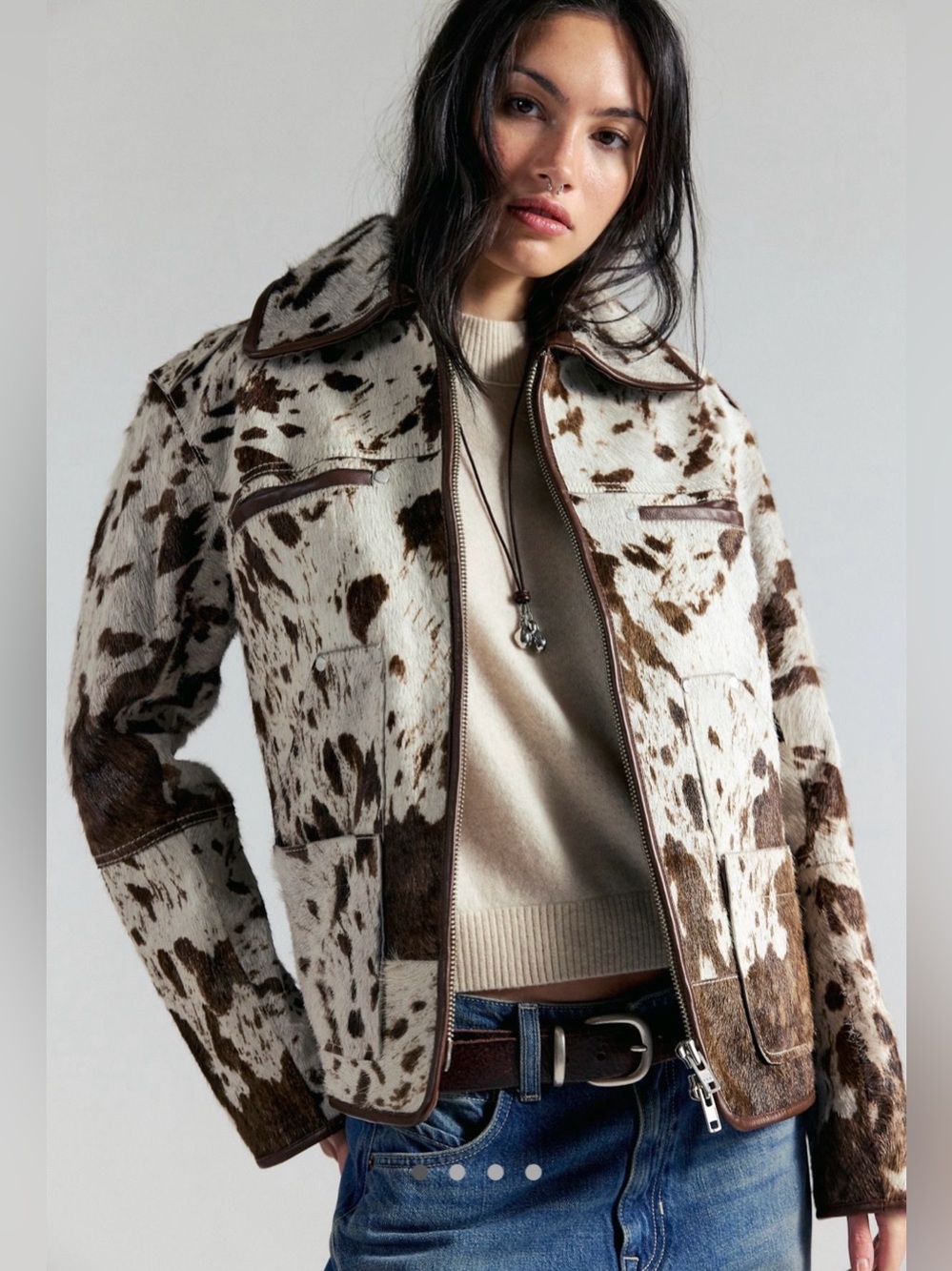 Free People We The Free Dally Cow Print Leather Pony Hair Jacket Medium NWT $795